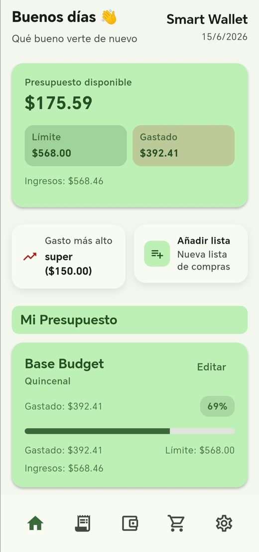 Pantalla principal de Smart Wallet mostrando el presupuesto disponible